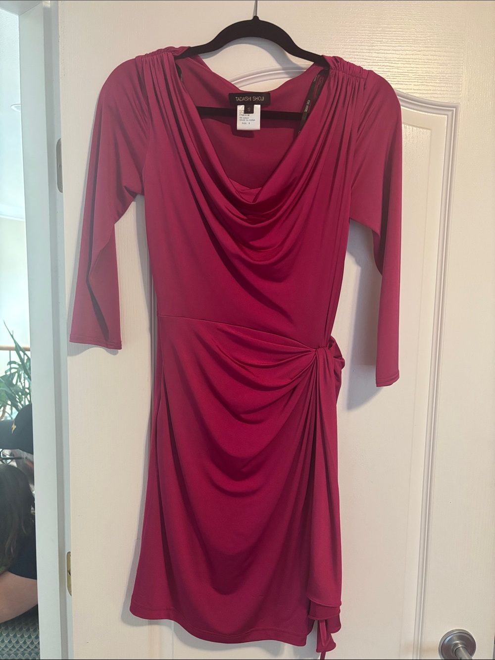 Tadashi Shoji Fuchsia Draped Jersey Long-Sleeve Dress
